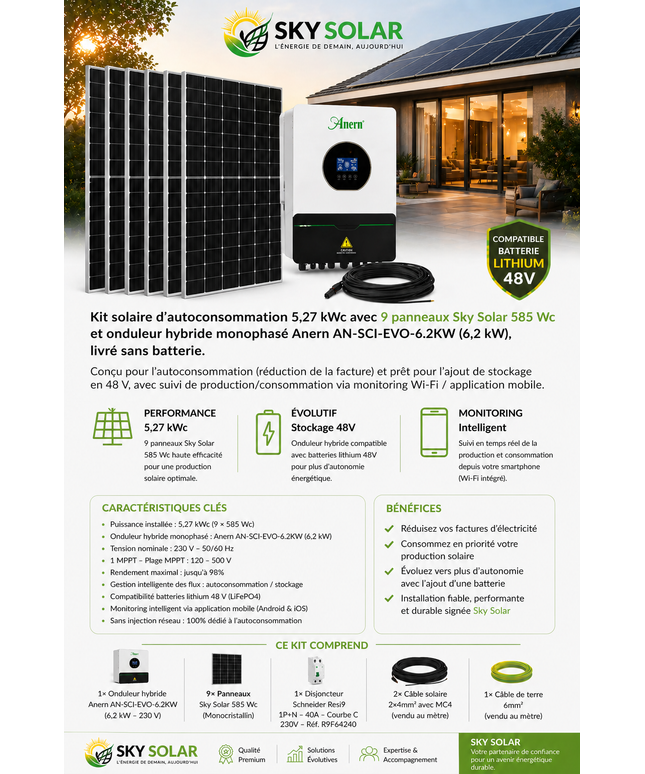 Kit Solaire Autoconsommation 5,27 kWc Lesso + Anern – Mono 6,2 kW – Sans Batterie