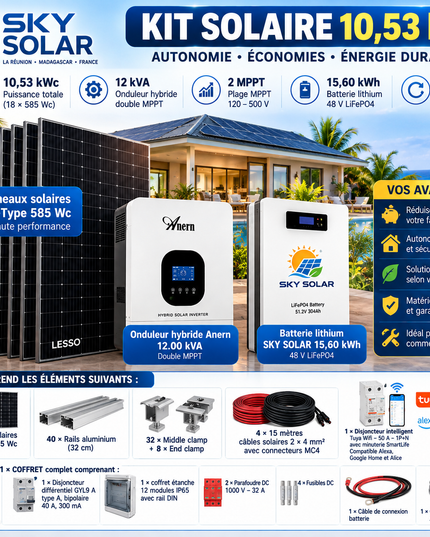 Kit Solaire Autoconsommation 10530 Wc –  12.00 Kva onduleur – Batterie 15,60 kWh