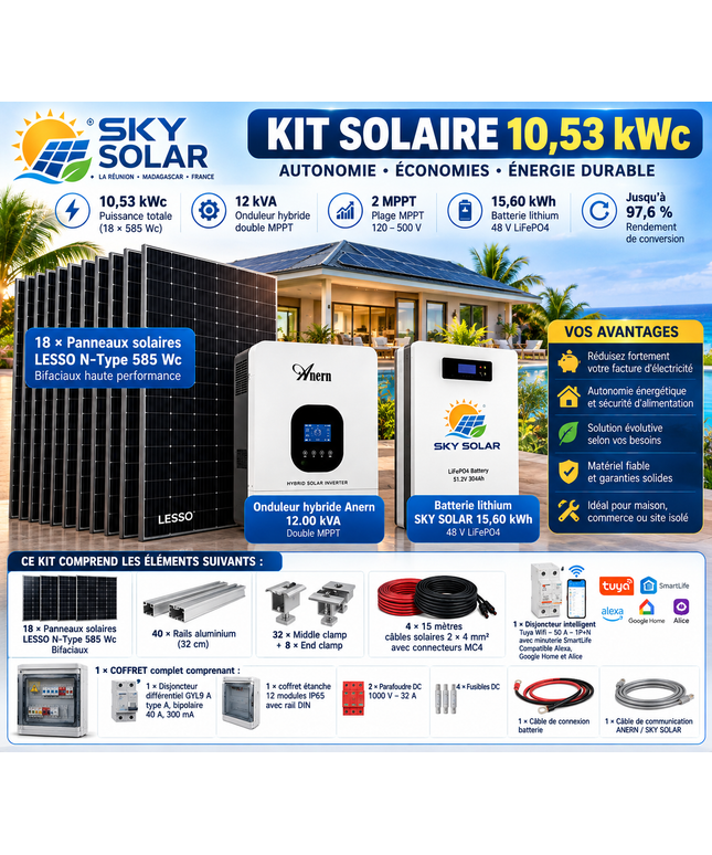 Kit Solaire Autoconsommation 10530 Wc –  12.00 Kva onduleur – Batterie 15,60 kWh