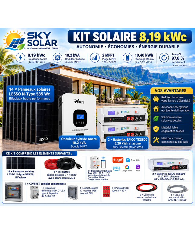 Kit Solaire Autoconsommation 8190 Wc –  10.2 kW – Batterie 10,40 kWh