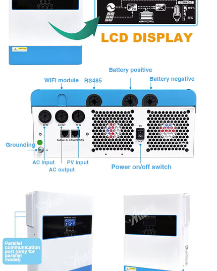 Onduleur ANERN 6.2kW,Onduleur solaire hybride intelligent à double sortie (raccordé au réseau ou non).